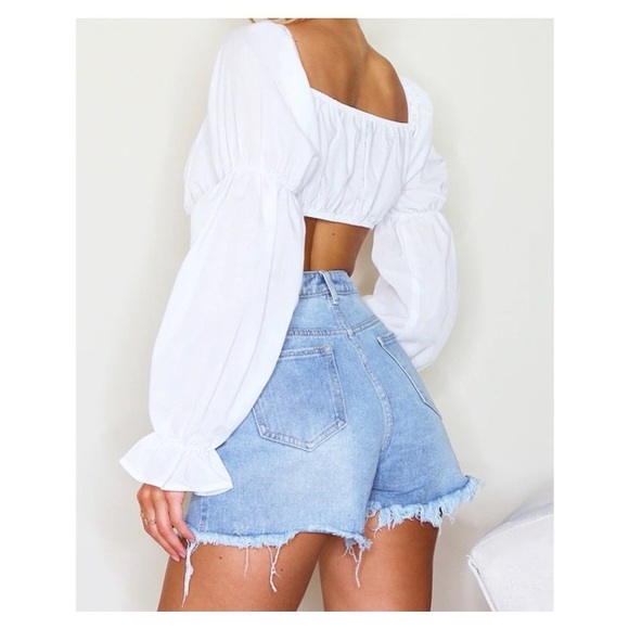 White Ruched Sleeve Tie Front Crop Top - Picture 3 of 7